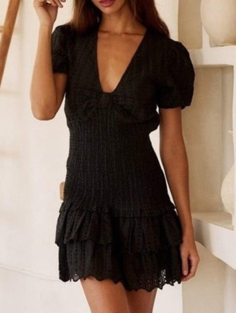 BTB Los Angeles Teddy Dress Black Cotton Eyelet Smocked V-Neck Mini Dress XS NEW